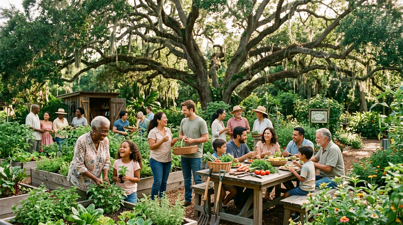 Neighbors gathering together beneath a Florida oak tree